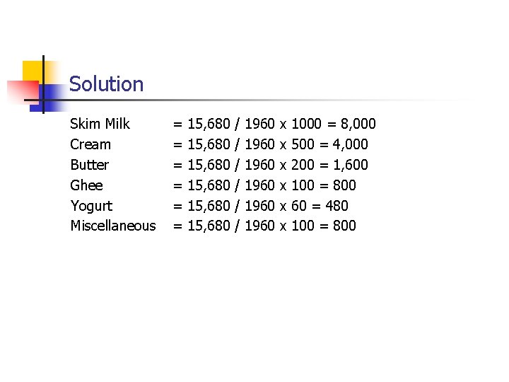 Solution Skim Milk Cream Butter Ghee Yogurt Miscellaneous = = = 15, 680 15,