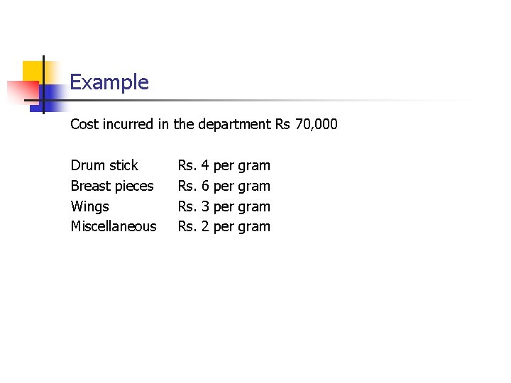 Example Cost incurred in the department Rs 70, 000 Drum stick Breast pieces Wings