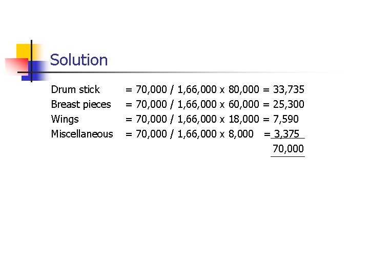 Solution Drum stick Breast pieces Wings Miscellaneous = = 70, 000 / / 1,