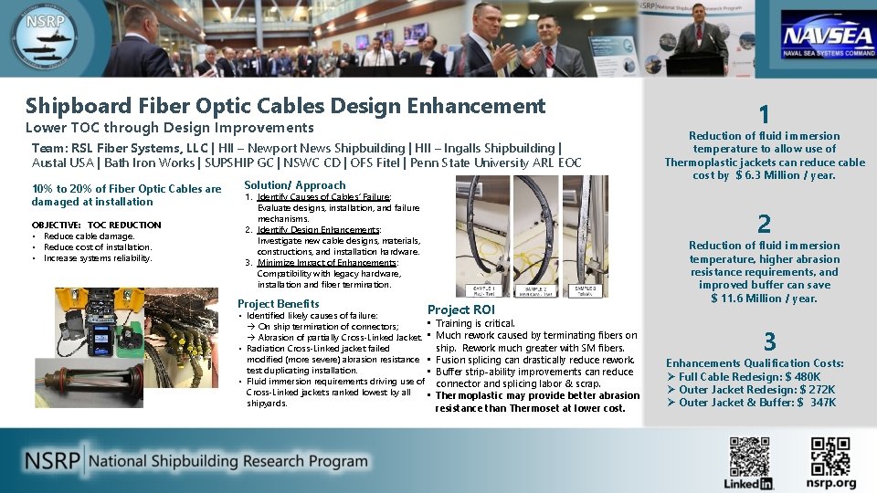 Shipboard Fiber Optic Cables Design Enhancement Lower TOC through Design Improvements Team: RSL Fiber