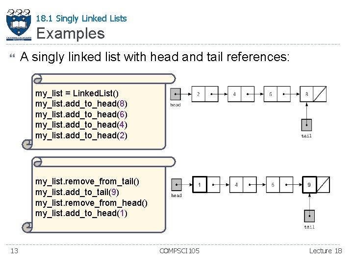 18. 1 Singly Linked Lists Examples A singly linked list with head and tail 18. 1 Singly Linked Lists Examples A singly linked list with head and tail