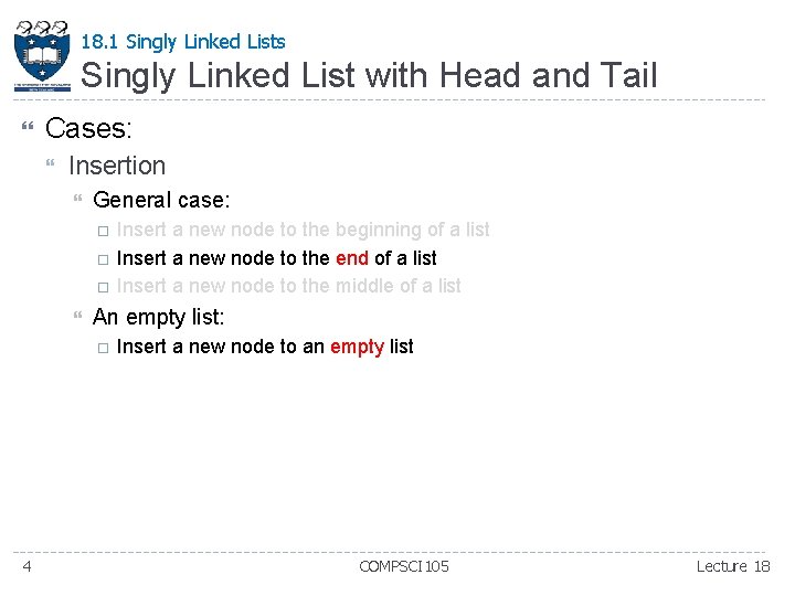 18. 1 Singly Linked Lists Singly Linked List with Head and Tail Cases: Insertion 18. 1 Singly Linked Lists Singly Linked List with Head and Tail Cases: Insertion