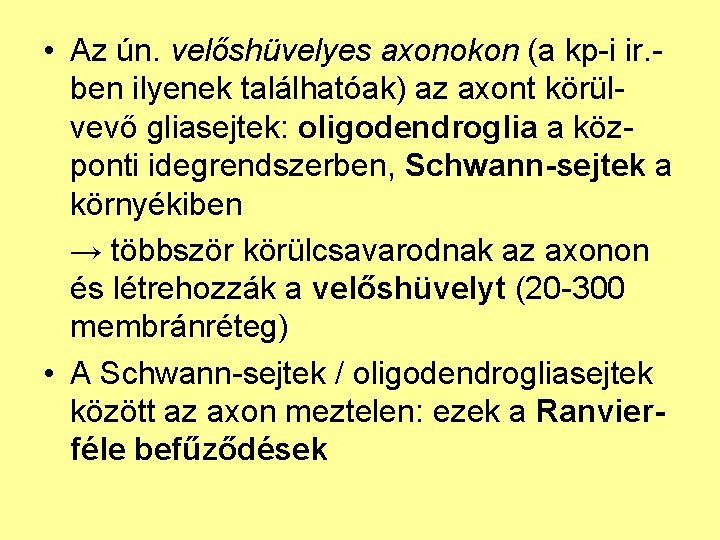  • Az ún. velőshüvelyes axonokon (a kp-i ir. ben ilyenek találhatóak) az axont