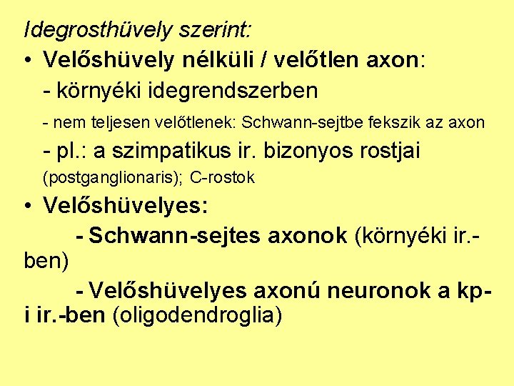 Idegrosthüvely szerint: • Velőshüvely nélküli / velőtlen axon: - környéki idegrendszerben - nem teljesen