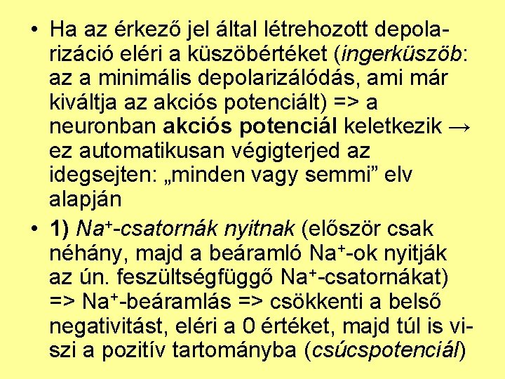  • Ha az érkező jel által létrehozott depolarizáció eléri a küszöbértéket (ingerküszöb: az