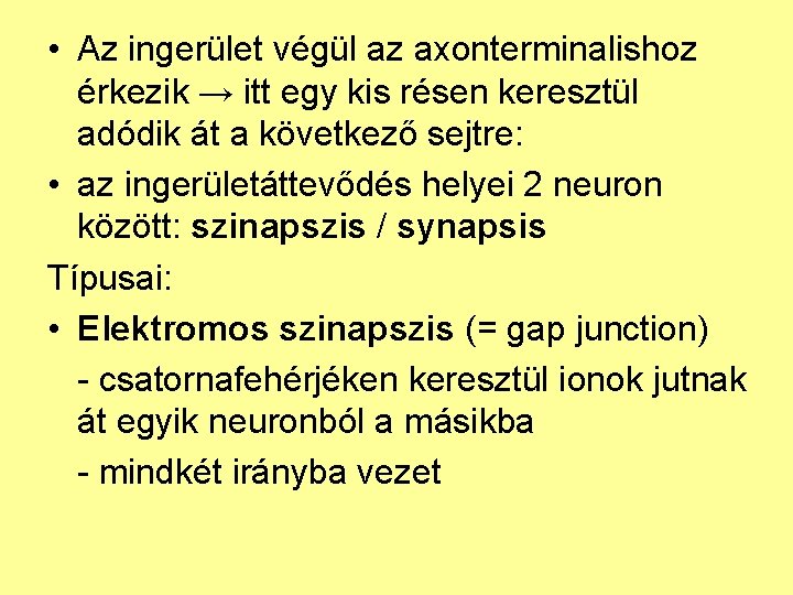  • Az ingerület végül az axonterminalishoz érkezik → itt egy kis résen keresztül