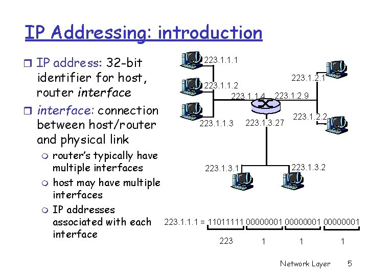 IP Addressing: introduction r IP address: 32 -bit identifier for host, router interface: connection