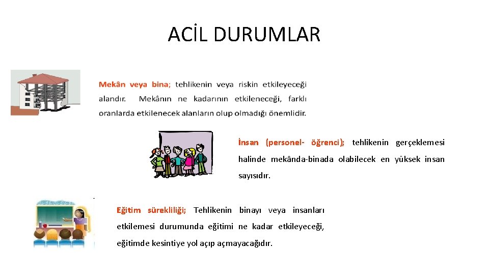 ACİL DURUMLAR İnsan (personel- öğrenci); tehlikenin gerçeklemesi halinde mekânda-binada olabilecek en yüksek insan sayısıdır.