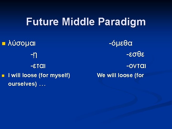 Future Middle Paradigm n λύσομαι -ῃ -εται n I will loose (for myself) ourselves)