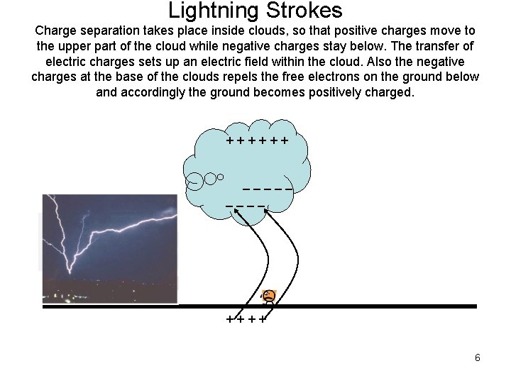 Lightning Strokes Charge separation takes place inside clouds, so that positive charges move to