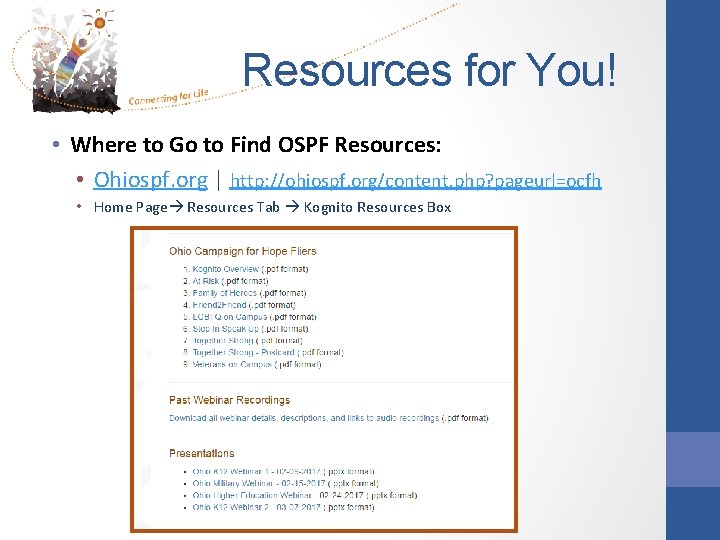 Resources for You! • Where to Go to Find OSPF Resources: • Ohiospf. org