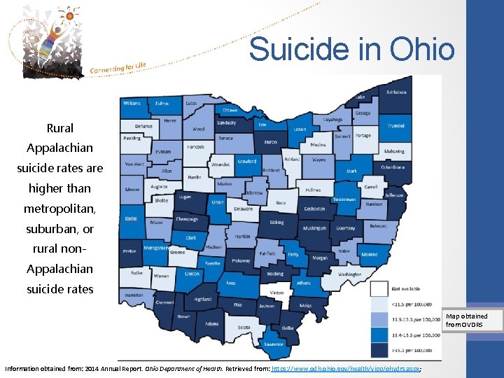 Suicide in Ohio Rural Appalachian suicide rates are higher than metropolitan, suburban, or rural