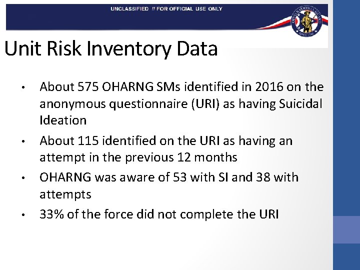 Unit Risk Inventory Data • • About 575 OHARNG SMs identified in 2016 on