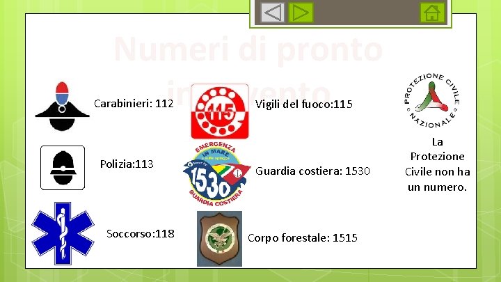 Numeri di pronto intervento Carabinieri: 112 Polizia: 113 Soccorso: 118 Vigili del fuoco: 115