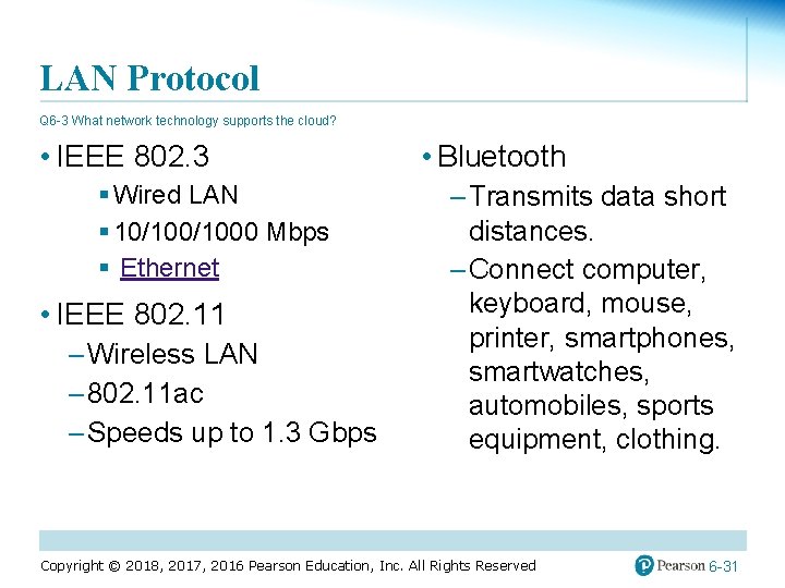LAN Protocol Q 6 -3 What network technology supports the cloud? • IEEE 802.