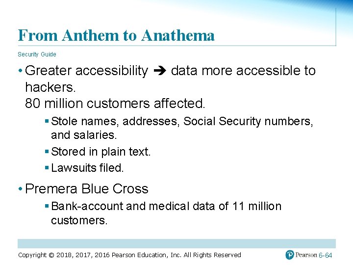 From Anthem to Anathema Security Guide • Greater accessibility data more accessible to hackers.