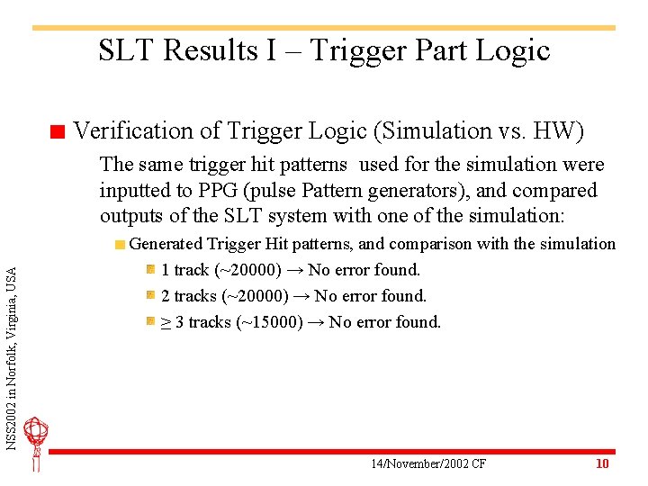 SLT Results I – Trigger Part Logic Verification of Trigger Logic (Simulation vs. HW)