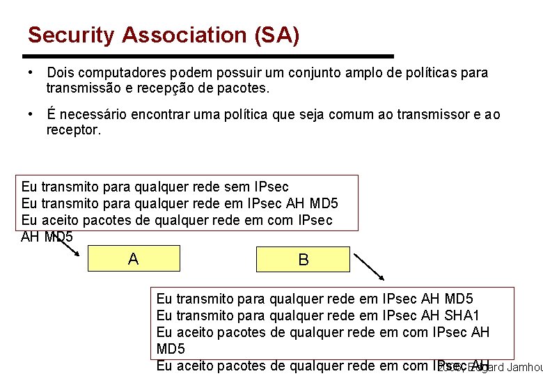 Security Association (SA) • Dois computadores podem possuir um conjunto amplo de políticas para