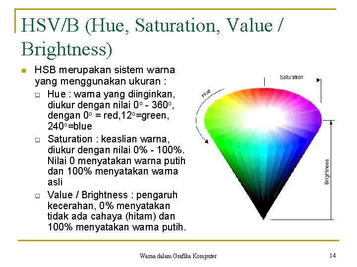 HSV/B (Hue, Saturation, Value / Brightness) n HSB merupakan sistem warna yang menggunakan ukuran