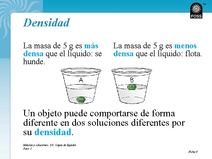 TM Densidad La masa de 5 g es más densa que el líquido: se
