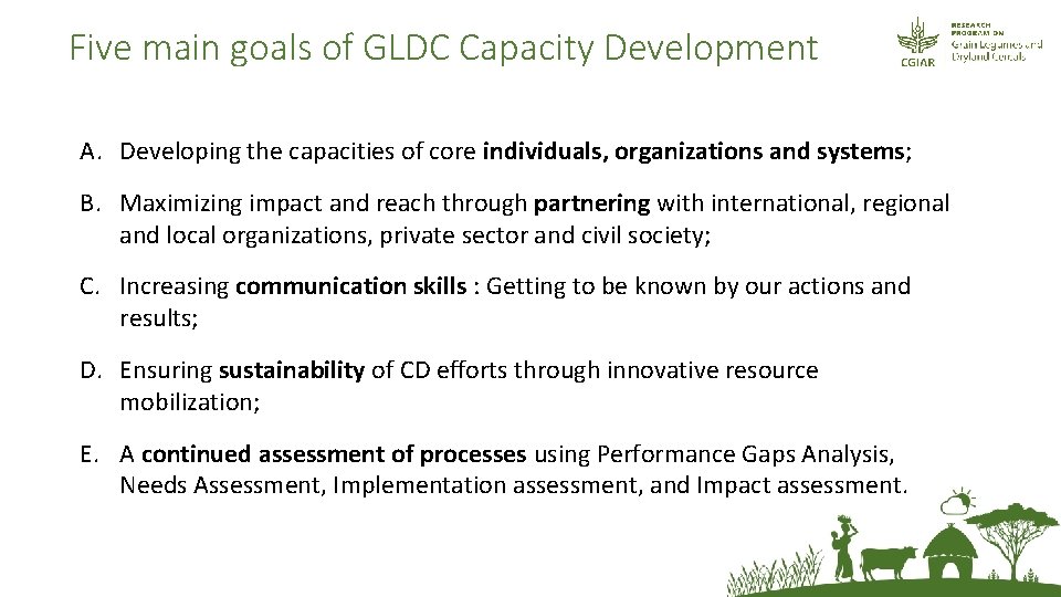 Five main goals of GLDC Capacity Development A. Developing the capacities of core individuals,
