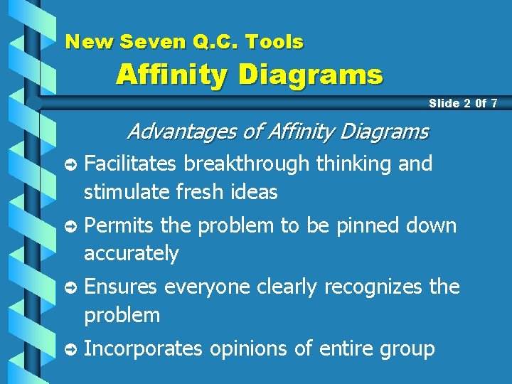 New Seven Q. C. Tools Affinity Diagrams Slide 2 0 f 7 Advantages of