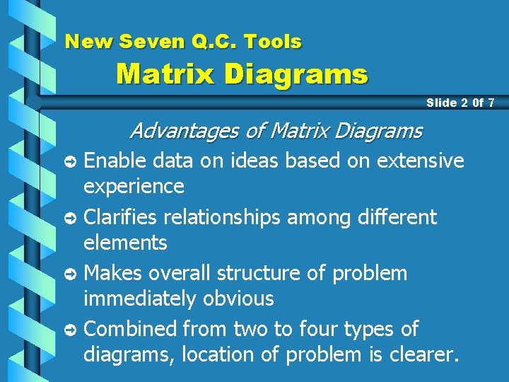 New Seven Q. C. Tools Matrix Diagrams Slide 2 0 f 7 Advantages of