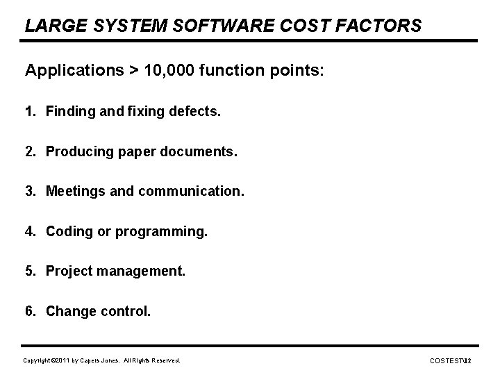 LARGE SYSTEM SOFTWARE COST FACTORS Applications > 10, 000 function points: 1. Finding and