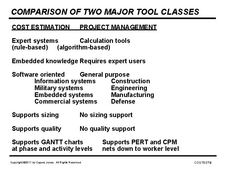 COMPARISON OF TWO MAJOR TOOL CLASSES COST ESTIMATION PROJECT MANAGEMENT Expert systems Calculation tools