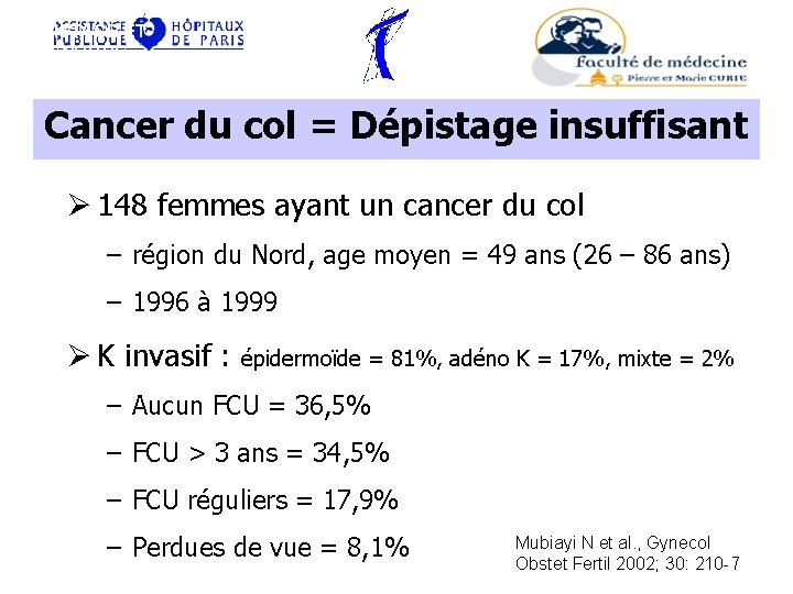 DEPISTAGE ET DIAGNOSTIC Cancer du col = Dépistage insuffisant Ø 148 femmes ayant un