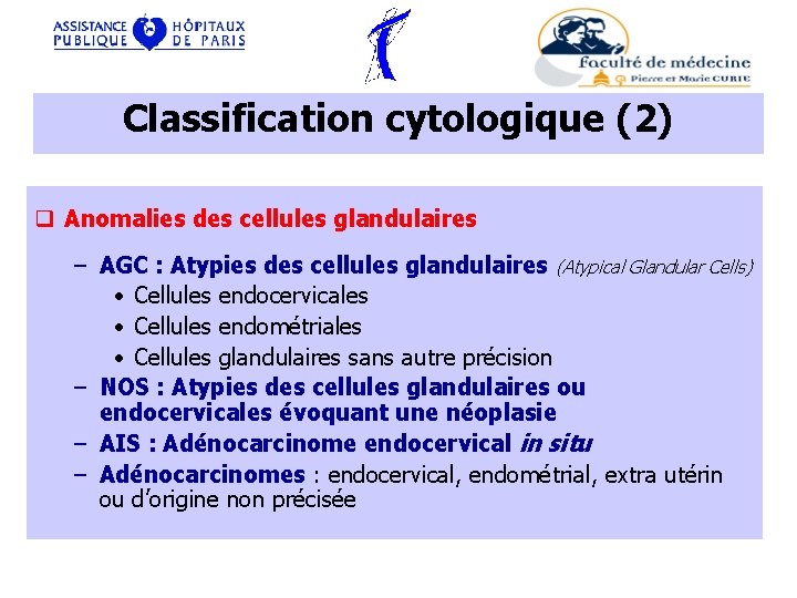 Classification cytologique (2) q Anomalies des cellules glandulaires – AGC : Atypies des cellules