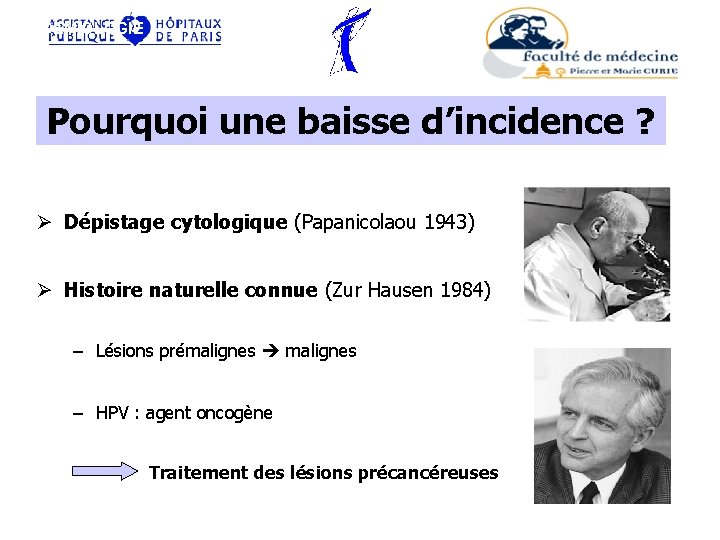 EPIDEMIOLOGIE Pourquoi une baisse d’incidence ? Ø Dépistage cytologique (Papanicolaou 1943) Ø Histoire naturelle