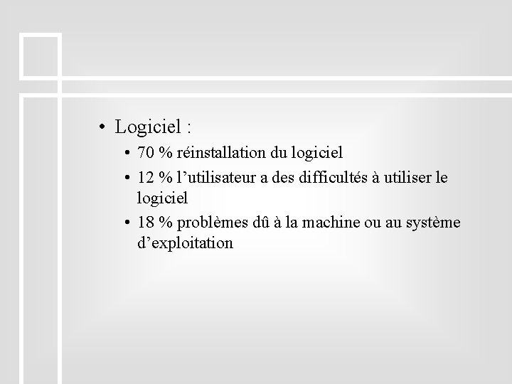  • Logiciel : • 70 % réinstallation du logiciel • 12 % l’utilisateur