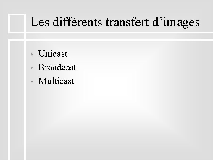 Les différents transfert d’images • • • Unicast Broadcast Multicast 