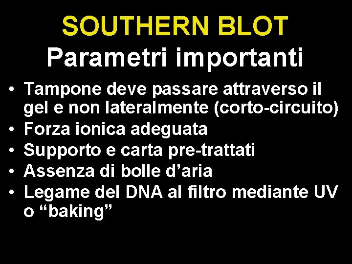 SOUTHERN BLOT Parametri importanti • Tampone deve passare attraverso il gel e non lateralmente