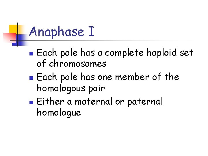 Anaphase I n n n Each pole has a complete haploid set of chromosomes