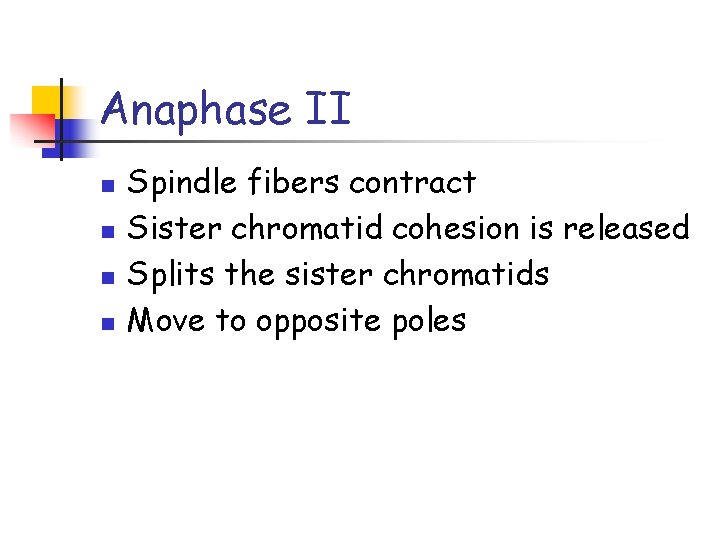 Anaphase II n n Spindle fibers contract Sister chromatid cohesion is released Splits the