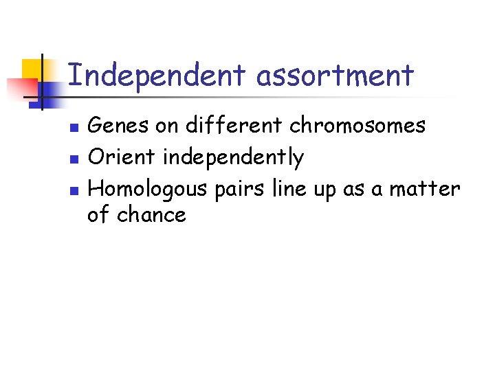 Independent assortment n n n Genes on different chromosomes Orient independently Homologous pairs line