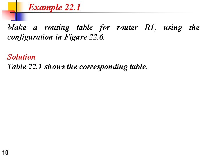 Example 22. 1 Make a routing table for router R 1, using the configuration