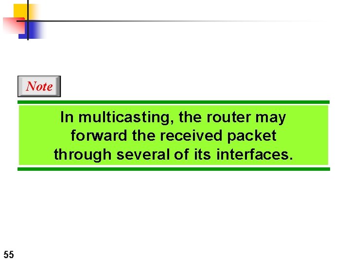 Note In multicasting, the router may forward the received packet through several of its