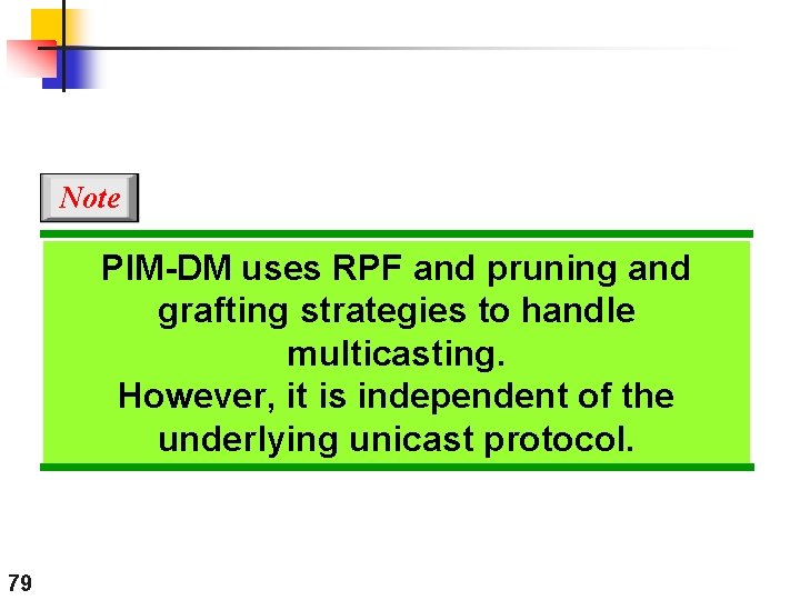 Note PIM-DM uses RPF and pruning and grafting strategies to handle multicasting. However, it