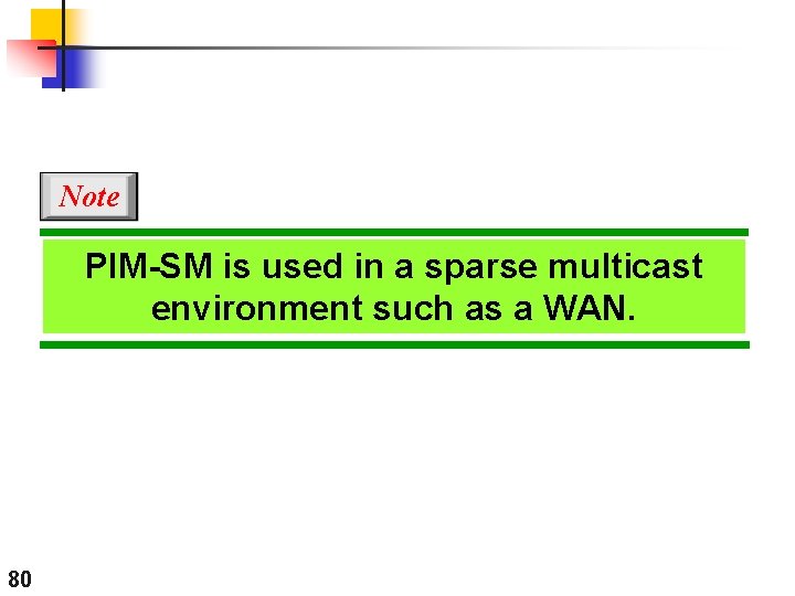 Note PIM-SM is used in a sparse multicast environment such as a WAN. 80