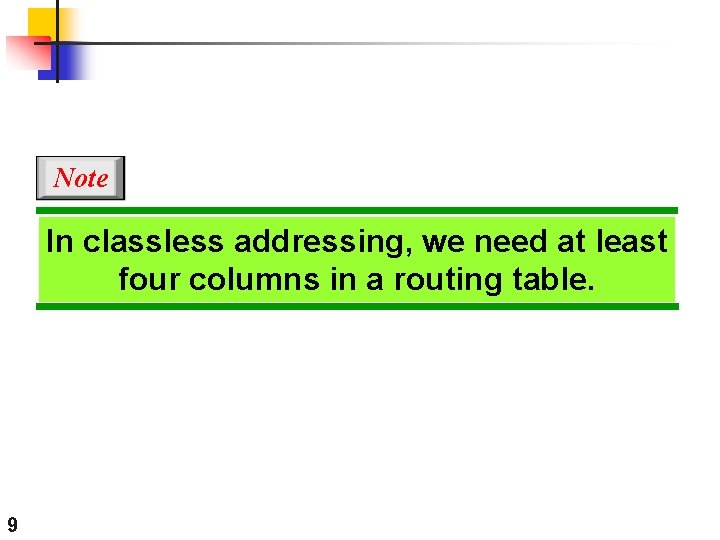 Note In classless addressing, we need at least four columns in a routing table.