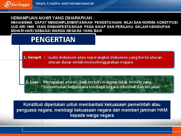 KEMAMPUAN AKHIR YANG DIHARAPKAN : MAHASISWA DAPAT MENGIMPLEMENTASIKAN PENGETAHUAN NILAI DAN NORMA KONSTITUSI UUD