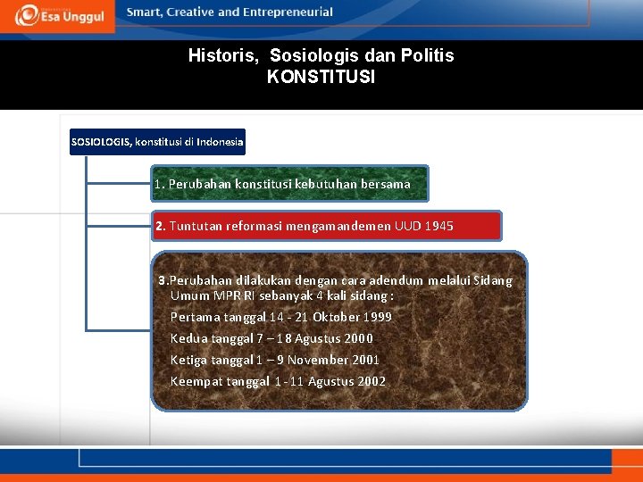 Historis, Sosiologis dan Politis KONSTITUSI SOSIOLOGIS, konstitusi di Indonesia 1. Perubahan konstitusi kebutuhan bersama