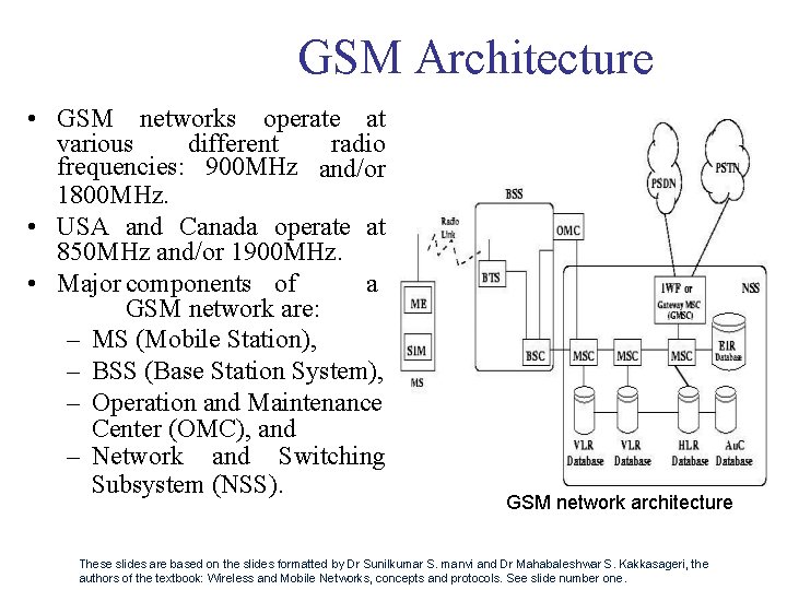 GSM Architecture • GSM networks operate at various different radio frequencies: 900 MHz and/or