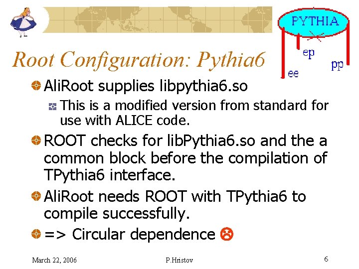 Root Configuration: Pythia 6 Ali. Root supplies libpythia 6. so This is a modified