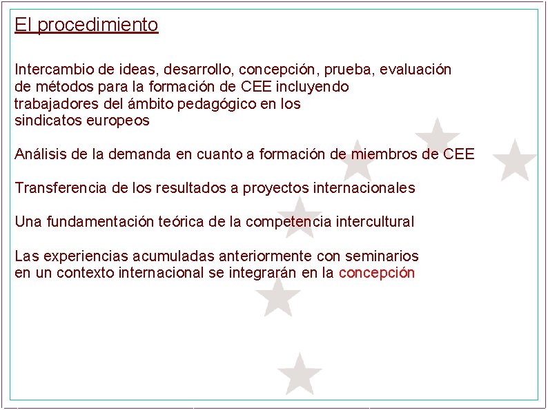 El procedimiento Intercambio de ideas, desarrollo, concepción, prueba, evaluación de métodos para la formación