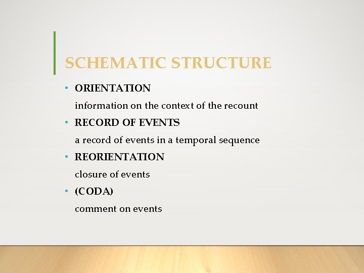 SCHEMATIC STRUCTURE • ORIENTATION information on the context of the recount • RECORD OF