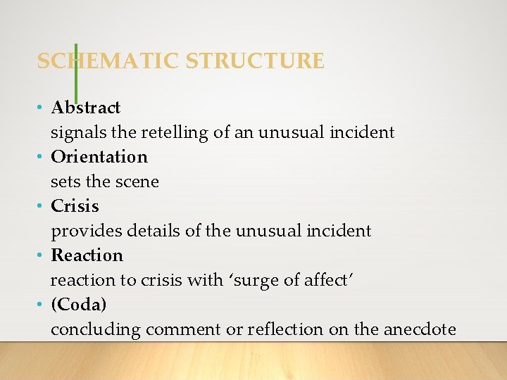 SCHEMATIC STRUCTURE • Abstract signals the retelling of an unusual incident • Orientation sets